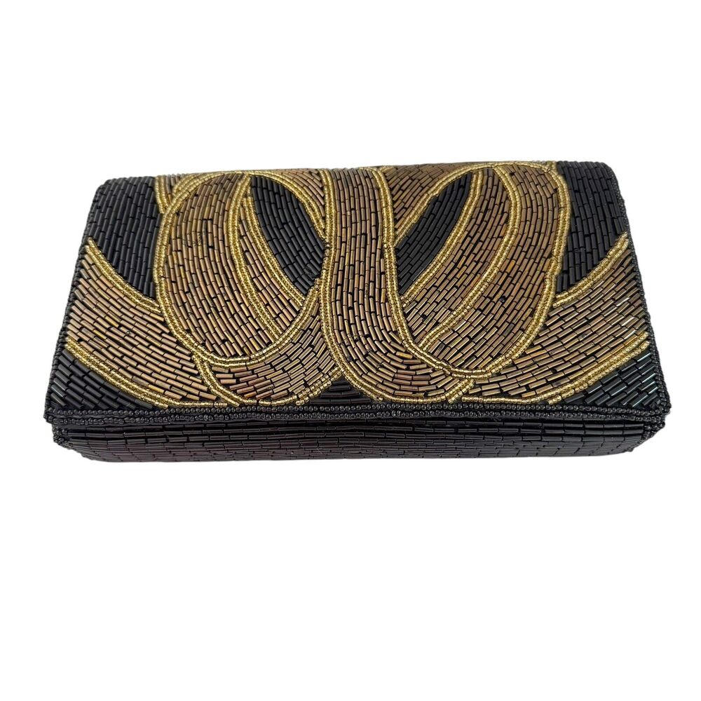 Vintage LENNOX Bags Clutch with‎ Black Gold Sequins 8.5 x 5